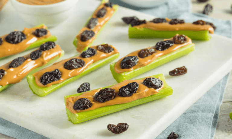 Celery sticks with peanut butter and raisins.