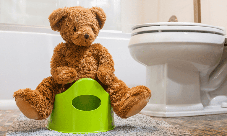 Teddy bear on green potty chair.