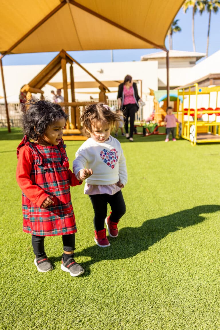 Two toddlers walking hand in hand.